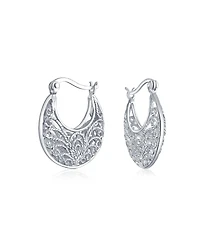 Bling Jewelry Boho Bohemian Bali Floral Open Wire Medium 3D Scroll Filigree Hoop Earrings Sterling Silver .75 Inch Diameter