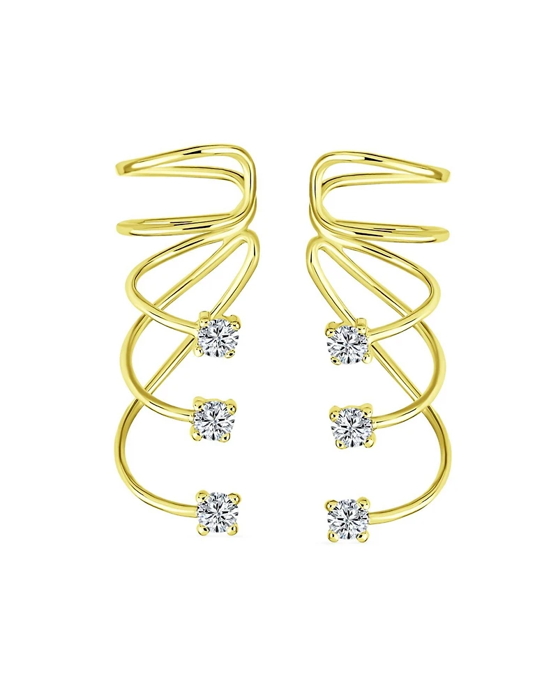 Bling Jewelry Triple Spiral Cz Curved Crawlers Ear Cuff Cartilage Earrings 14K Gold Plated Silver