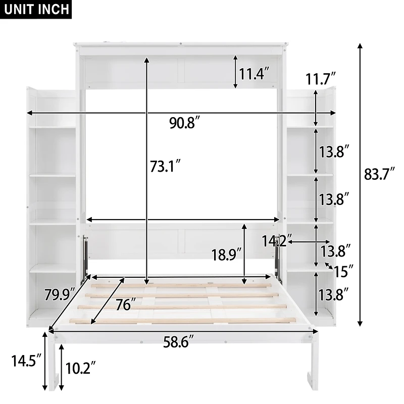 Streamdale Full Size Murphy Bed Wall Bed With Shelves And Led Lights