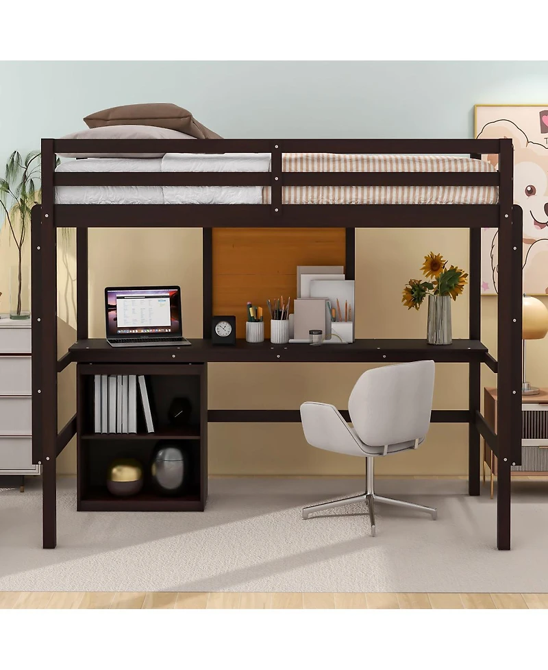 Simplie Fun Twin Size Loft Bed With Desk And Writing Board, Wooden Loft Bed With Desk & 2 Drawers Cabinet