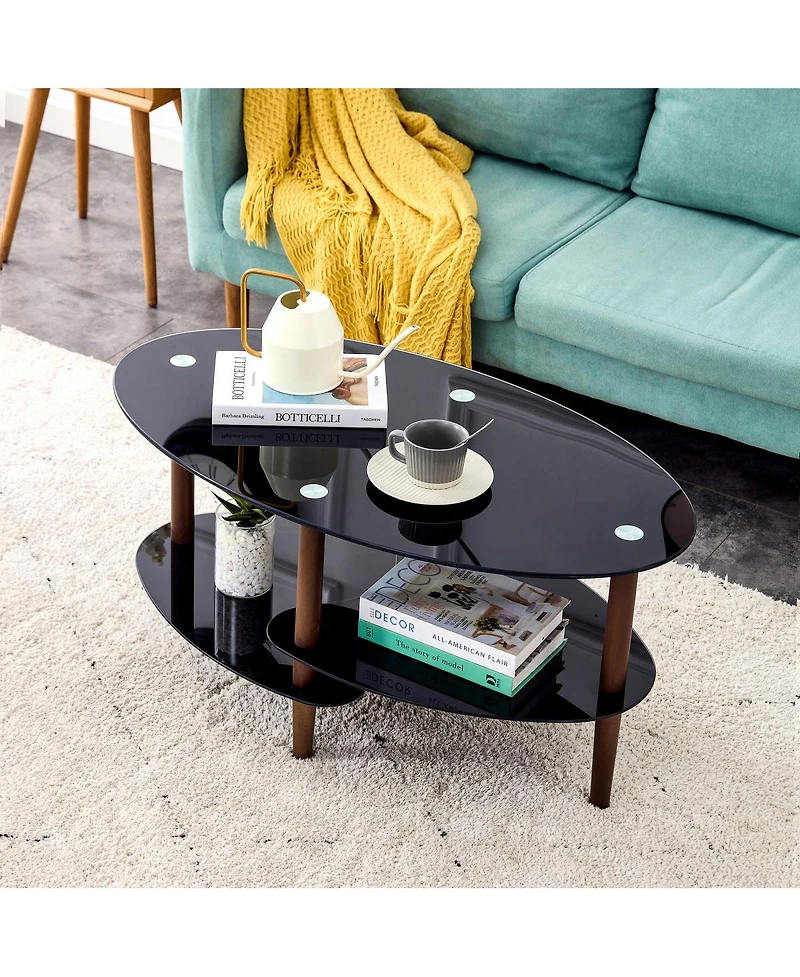 Streamdale Furniture Modern 3-Layer Glass Coffee Table with Oak Wood Legs