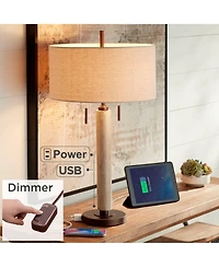 Franklin Iron Works Hugo Industrial Table Lamp 28 1/2" Tall Whitewashed Wood with Usb Charging Port and Dimmer Oatmeal Fabric Shade for Bedroom H