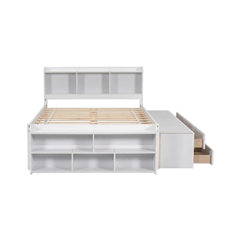 Simplie Fun Full Bed With Bookcase Headboard, Under Bed Storage Drawers And Bed End Storage Case, White