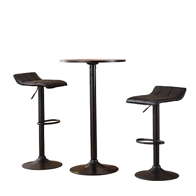 Streamdale Furniture Belham Black Round Metal Bar Table with 2 Swivel Bonded Leather Adj Stools