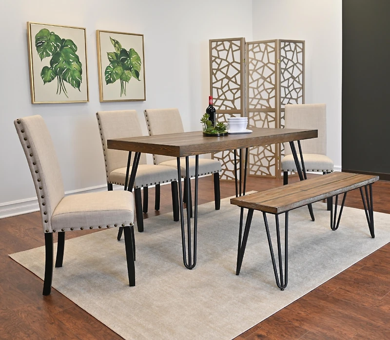 Streamdale Amisos 6-Piece Dining Set Hairpin Table, 4 Chairs, Bench (Tan)