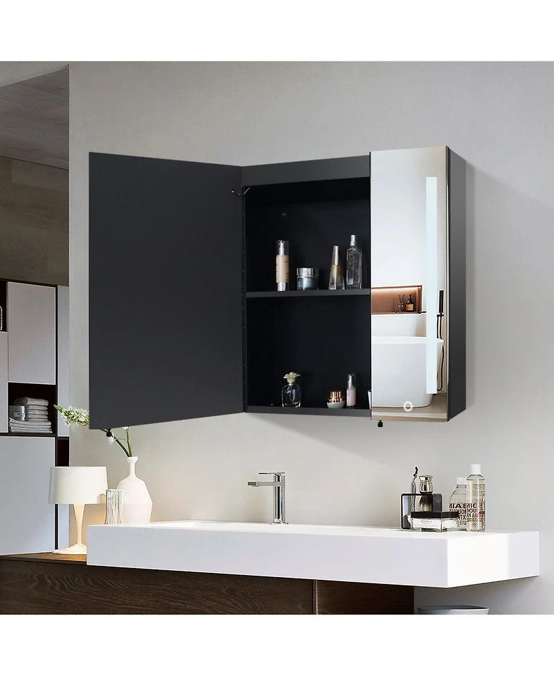30x26" Black Led Medicine Cabinet with Storage, Defogger, Dimmable Lights