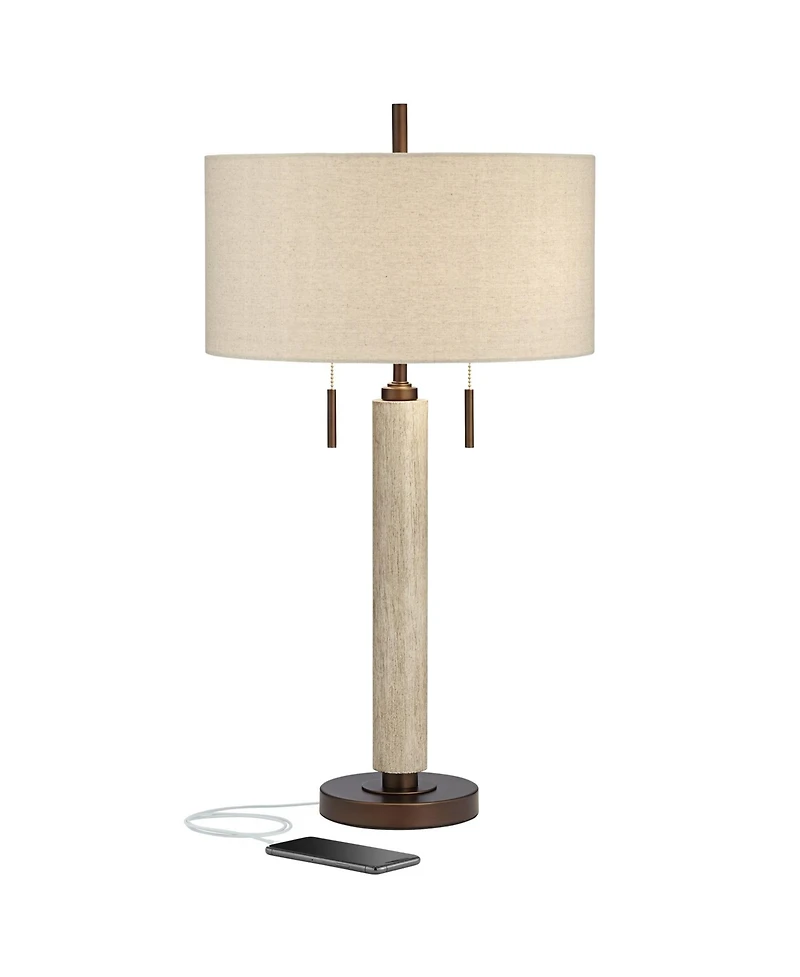 Franklin Iron Works Hugo Modern Mid Century Table Lamp 28 1/2" Tall Whitewashed Column with Usb Charging Port Oatmeal Drum Shade for Living Room