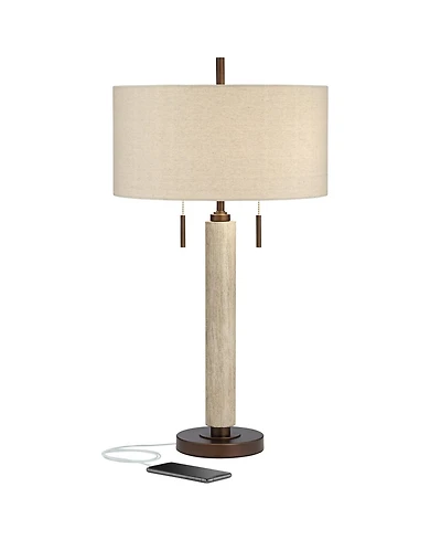Franklin Iron Works Hugo Modern Mid Century Table Lamp 28 1/2" Tall Whitewashed Column with Usb Charging Port Oatmeal Drum Shade for Living Room