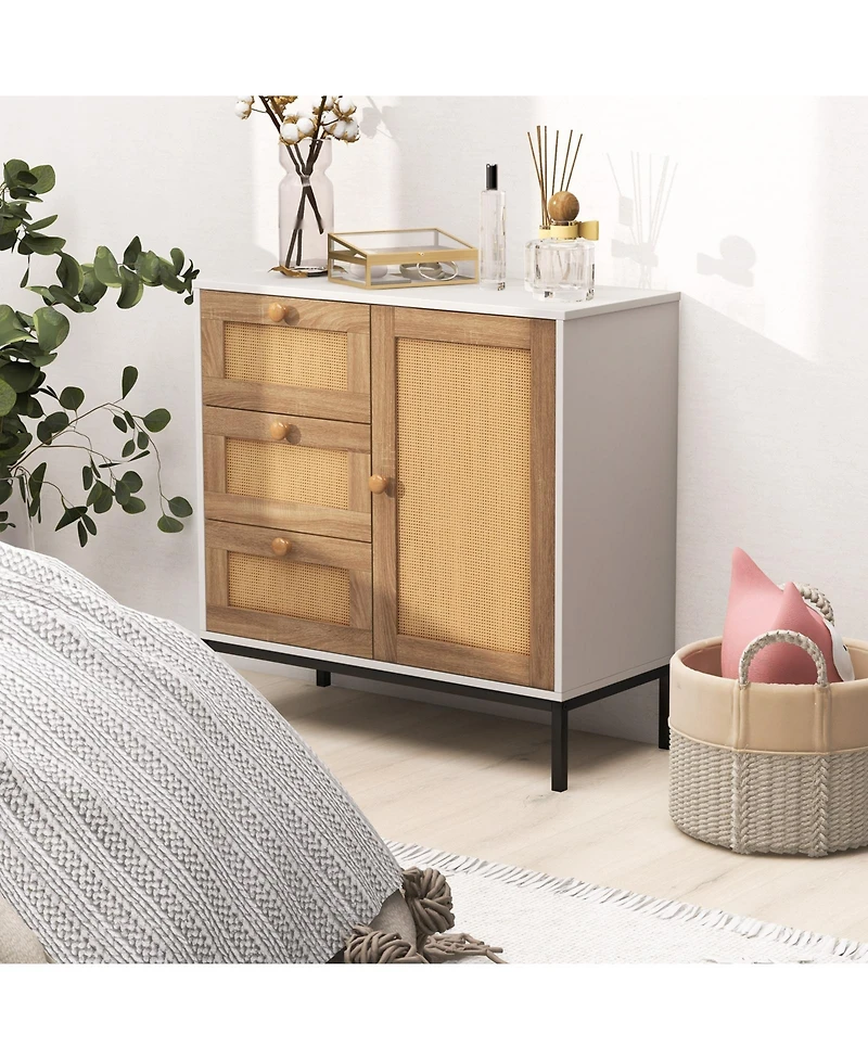 Rattan Sideboard Buffet Cabinet with 1 Door and 3 Drawers