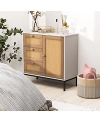 Rattan Sideboard Buffet Cabinet with 1 Door and 3 Drawers