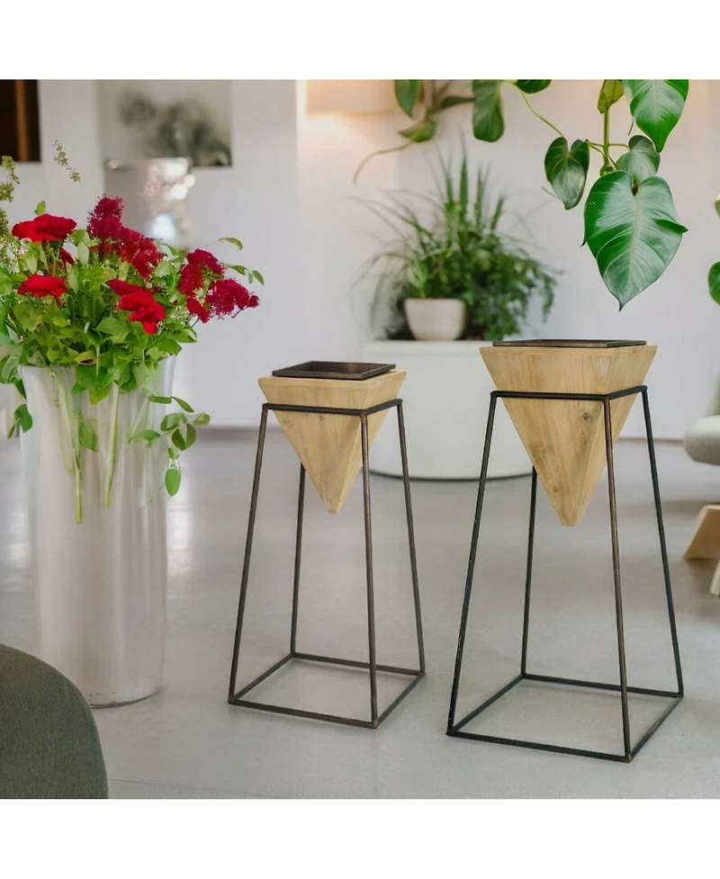 Modern Wood Planter In Metal Stand (Set of 2)