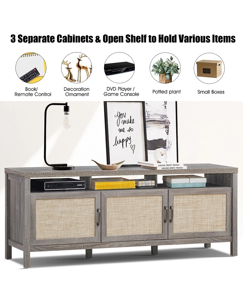 Gymax Tv Stand Entertainment Media Center for Tv's up to 65'' w/ Rattan Doors Grey Oak
