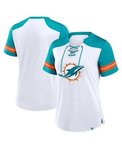 Fanatics Women's White/Aqua Miami Dolphins Foiled Primary Lace-Up T-Shirt