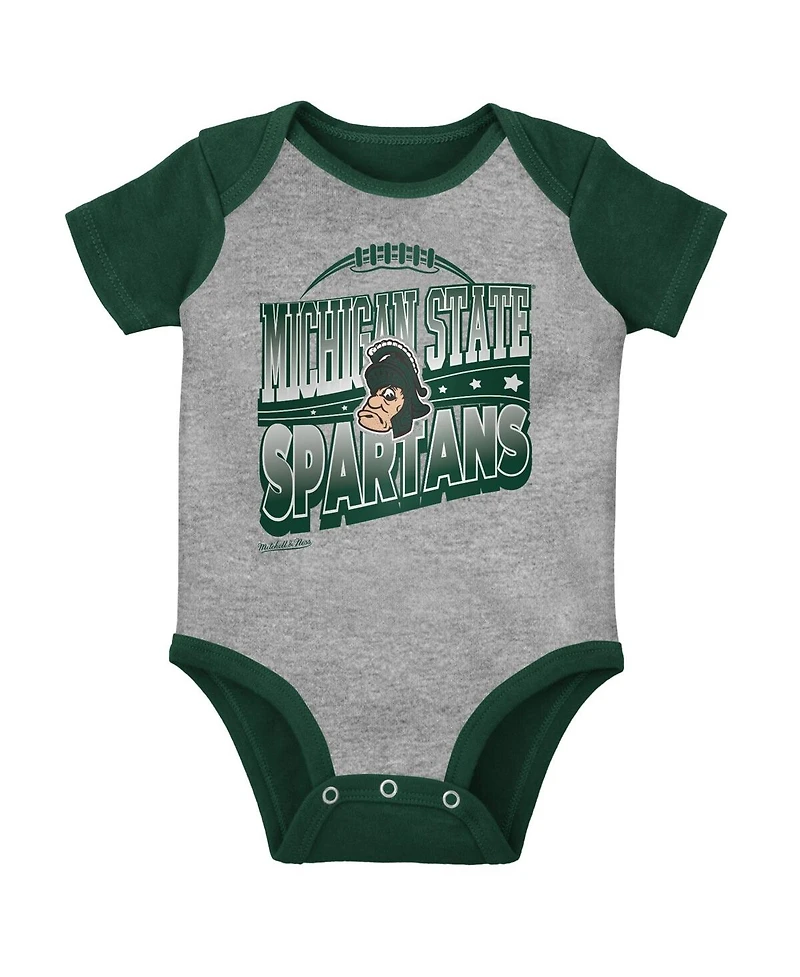Mitchell & Ness Baby Boys and Girls Green/Heather Gray Michigan State Spartans 3-Pack Bodysuit, Bib Bootie Set
