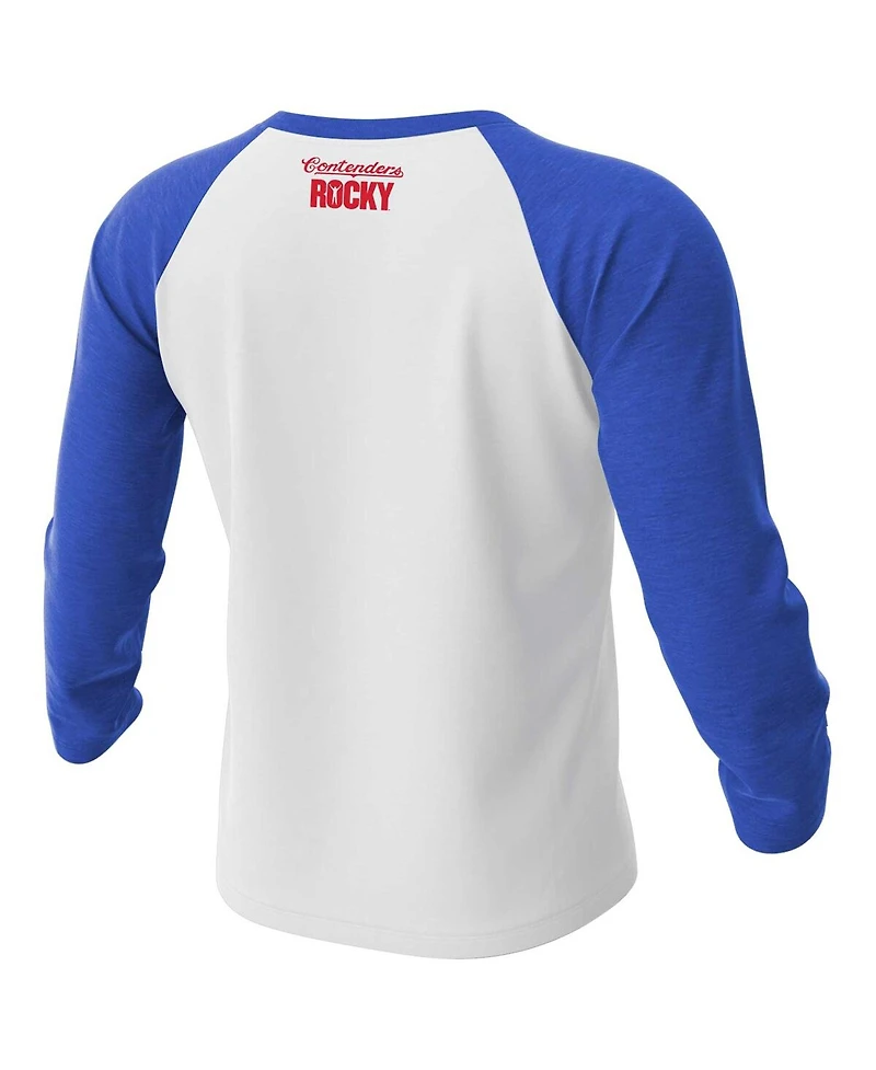 Contenders Clothing Men's White/Blue Rocky Super Fight Poster 3/4-Sleeve Raglan T-Shirt