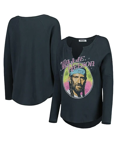 Daydreamer Women's Black Willie Nelson Graphic Raglan Long Sleeve Notch Neck Thermal Shirt