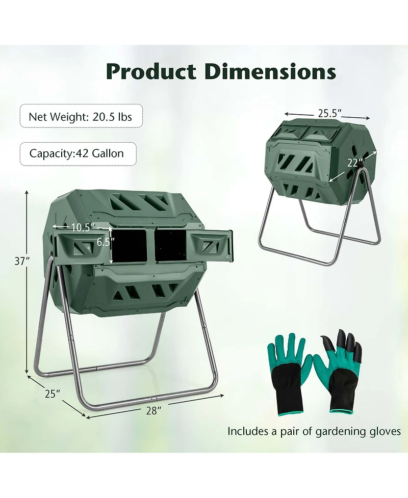Costway 42-Gal Compost Bin Dual Chamber Composting Tumbler with 2 Sliding Doors Metal Frame