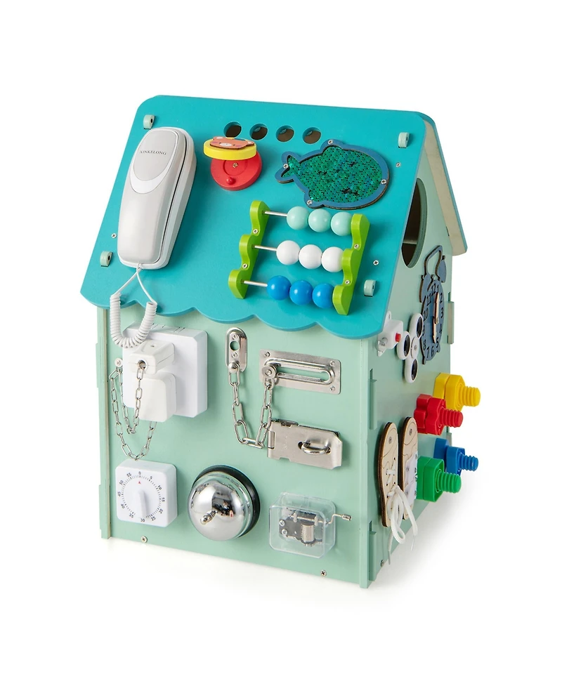 Wooden Busy House Montessori Toy with Sensory Games & Interior Storage Space