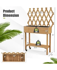 Costway Wood Raised Garden Bed with Trellis Storage Shelf Wheels Liner Drainage Holes