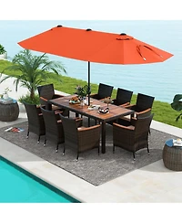Costway 11 Pcs Patio Wicker Dining Set with Double-Sided Outdoor Umbrella 8 Stackable Chairs