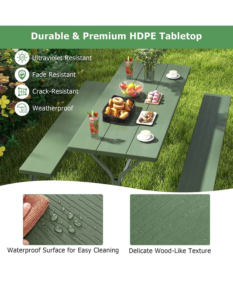 Costway 6 Ft Picnic Table Bench Set Outdoor Dining Table & 2 Benches with Metal Frame