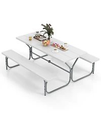 Costway 6 Ft Picnic Table Bench Set Outdoor Dining Table & 2 Benches with Metal Frame