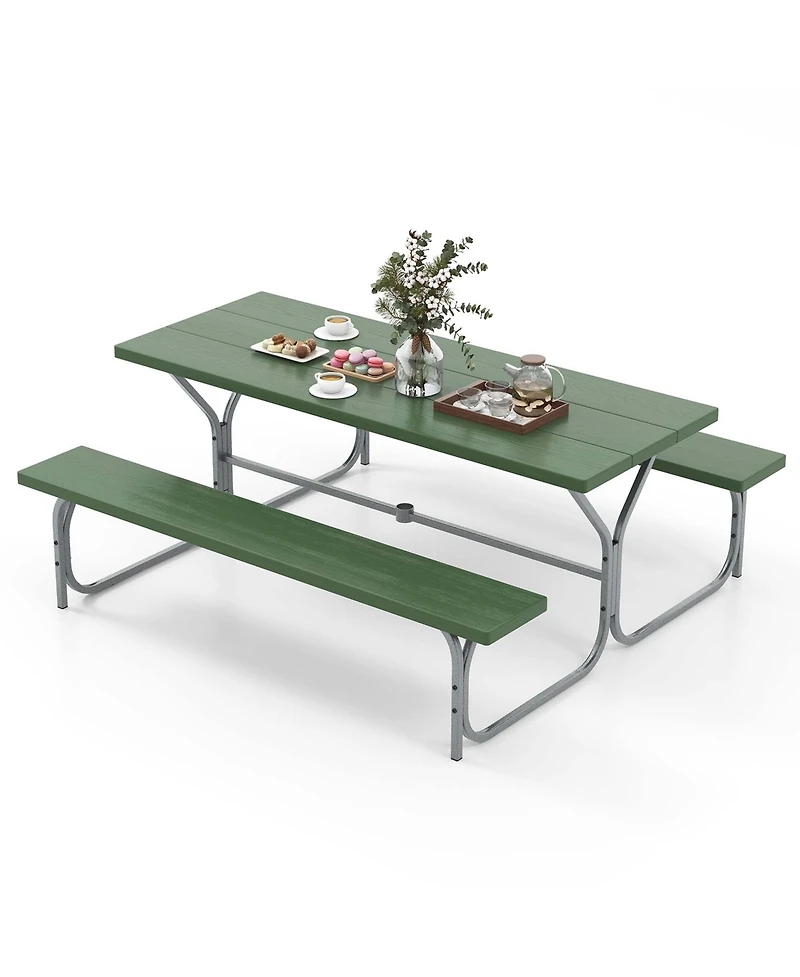 Costway 6 Ft Picnic Table Bench Set Outdoor Dining Table & 2 Benches with Metal Frame