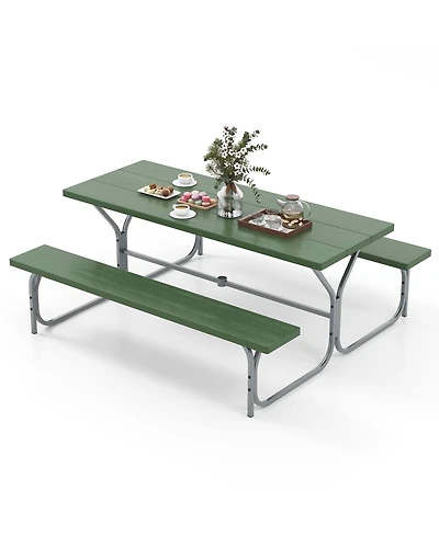 Costway 6 Ft Picnic Table Bench Set Outdoor Dining Table & 2 Benches with Metal Frame