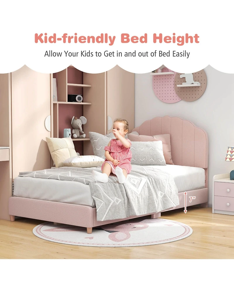 Costway Kids Twin Platform Bed Frame Upholstered Twin Size Bed with Wooden Slats Support