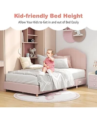 Costway Kids Twin Platform Bed Frame Upholstered Twin Size Bed with Wooden Slats Support