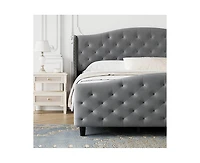 gaomon Luxury Upholstered Bed Frame with Wingback Headboard, Velvet Platform Bed Frame Mattress Foundation with Wooden Slats, No Box Spring Needed, Gr