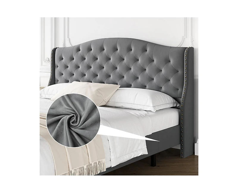 gaomon Luxury Upholstered Bed Frame with Wingback Headboard, Velvet Platform Bed Frame Mattress Foundation with Wooden Slats, No Box Spring Needed, Gr