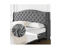 gaomon Luxury Upholstered Bed Frame with Wingback Headboard, Velvet Platform Bed Frame Mattress Foundation with Wooden Slats, No Box Spring Needed, Gr