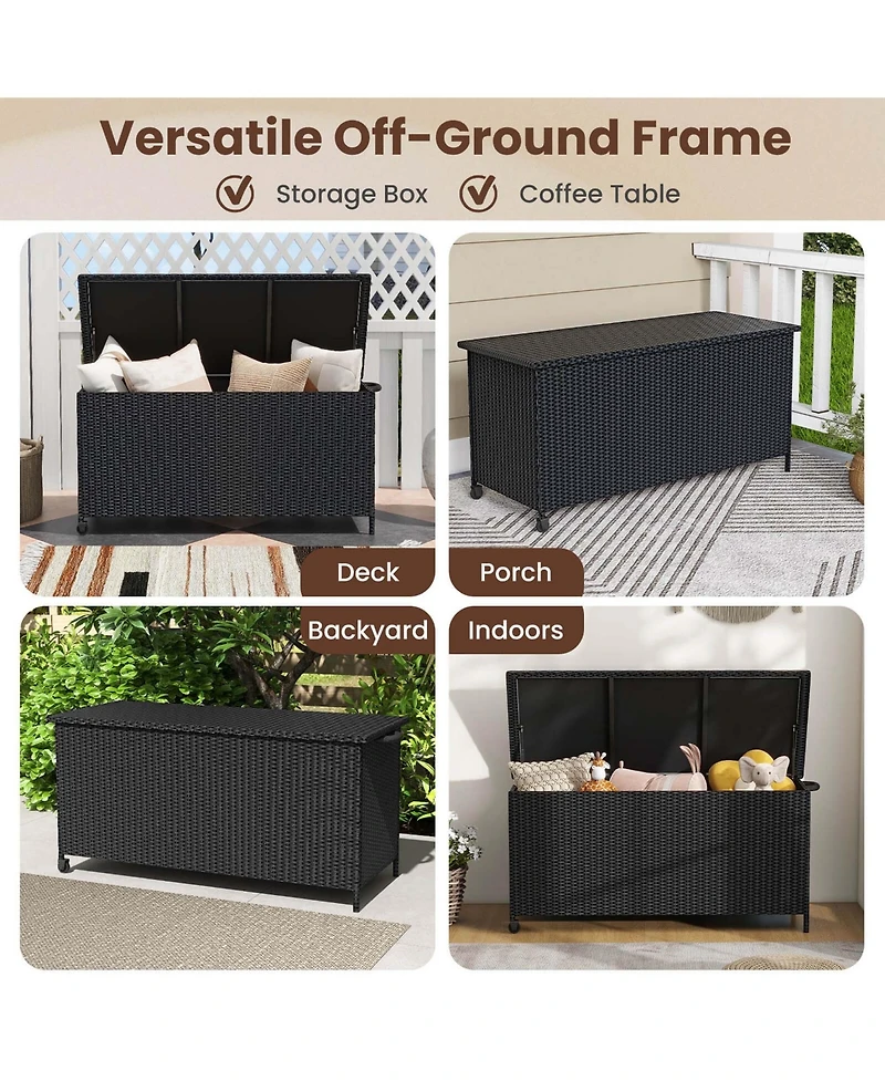 85 Gallon Rattan Deck Box with Waterproof Liner Universal Wheels & Gas Strut