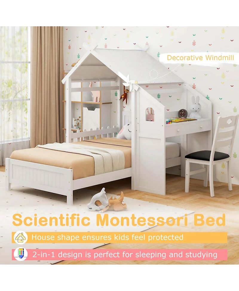 Twin House Bed with Desk & Chair with 2 Drawers Windmill Fence & Headboard for Teens