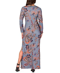 24seven Comfort Apparel Women's Grey Long Sleeve Side Slit Fitted Maxi Dress
