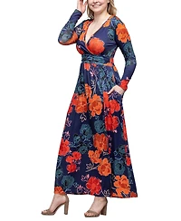 24seven Comfort Apparel Women's Navy Floral Print Long Sleeve Side Slit Maxi Dress