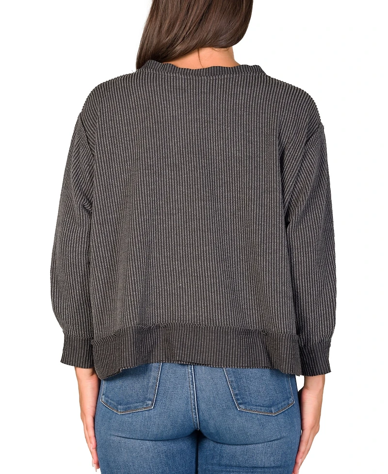 24seven Comfort Apparel Women's Relaxed Fit Ribbed Knit V Neck Sweatshirt Top