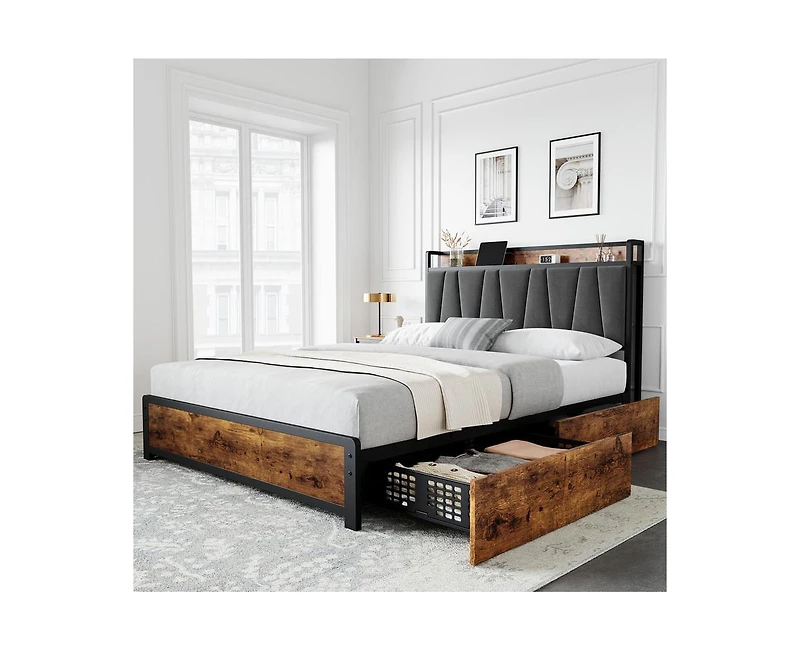 gaomon Bed Frame, Storage Headboard with Charging Station, Platform Metal Frame 4 Drawers, No Box Spring Needed, Noise Free, Easy Ass
