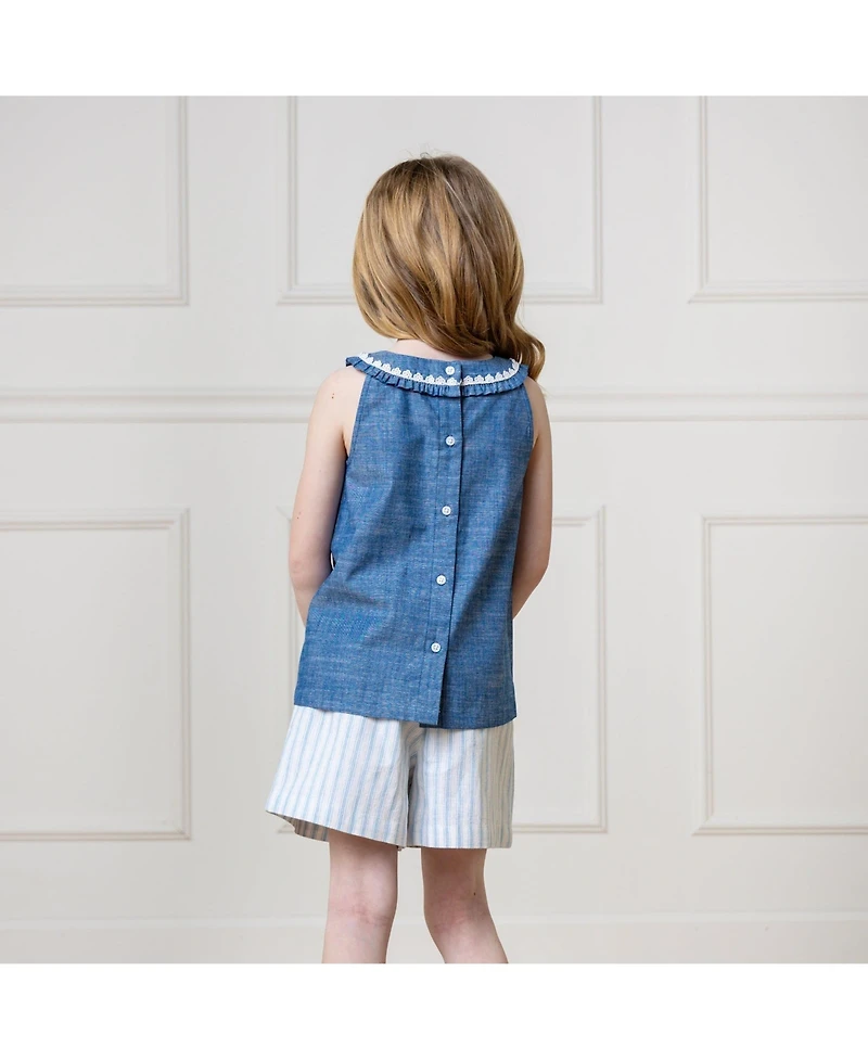 Hope & Henry Toddler Girls Sleeveless Ruffle Collar Chambray Button Back Top