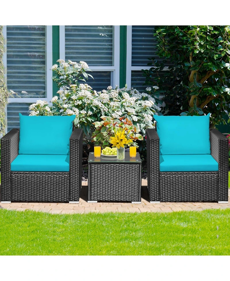 Skonyon 3 Pieces Patio Wicker Conversation Set with Cushion