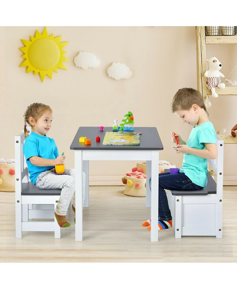 Slickblue 4 Pieces Kids Wooden Activity Table and Chairs Set with Storage Bench and Study Desk