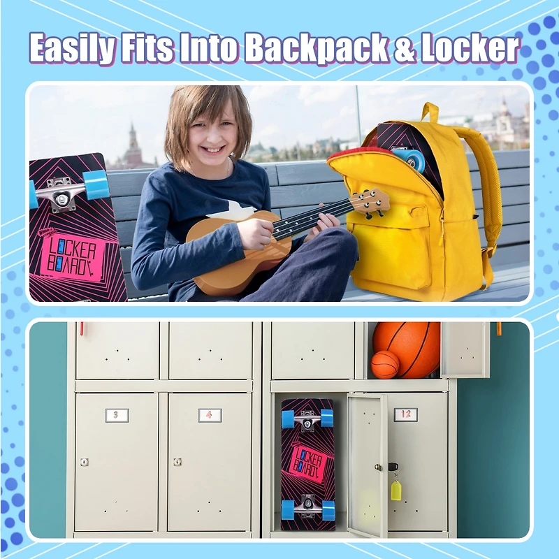 Locker Board Cruz 17" Skateboard, Portable Maple Wood Kids Lockerboard Fits in Backpack & Locker