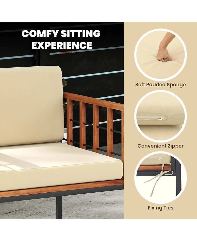 Gymax 3 Pieces Patio Furniture Set Acacia Wood Bistro Conversation Set w/ 2 Cushioned Chairs Beige