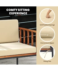 Gymax 3 Pieces Patio Furniture Set Acacia Wood Bistro Conversation Set w/ 2 Cushioned Chairs Beige