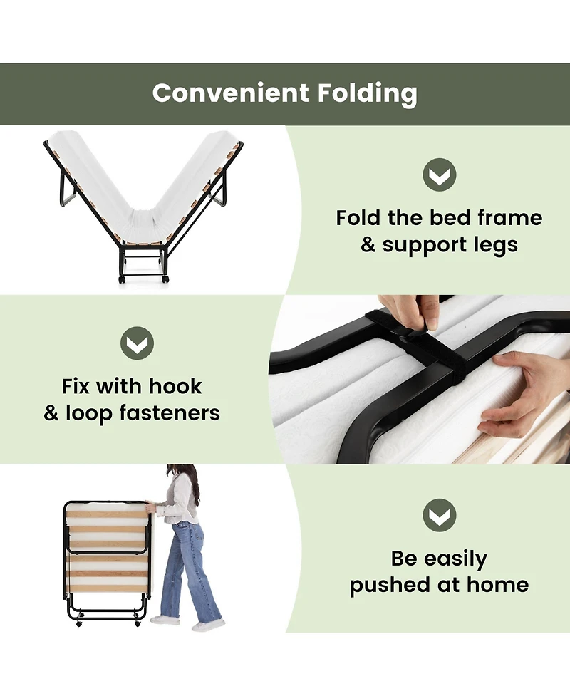 Sugift Twin Size Folding Bed with Foam Mattress and Lockable Wheels