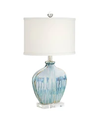 Mia 25" High Mid Century Modern Coastal Table Lamp Blue Drip Ceramic Single Off-White Shade Living Room Bedroom Bedside Nightstand House Office H