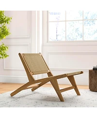 Costway 1 Pcs Teak Wooden Chair with Braided Rope Seat & Backrest Mid Century Modern Accent Chair