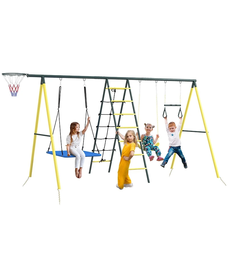 Outsunny Metal Swing Set for Backyard, 5 in 1 Design for Ages 3-8, Yellow