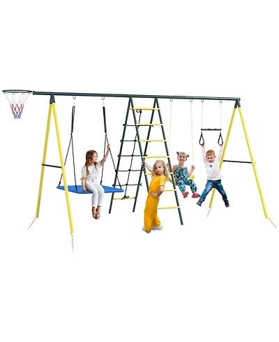Outsunny Metal Swing Set for Backyard, 5 in 1 Design for Ages 3-8, Yellow